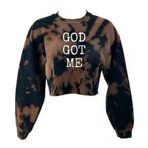 GOD GOT ME Acid Wash Distressed Cropped Crop Top Long Sleeve Crewneck Sweatshirt